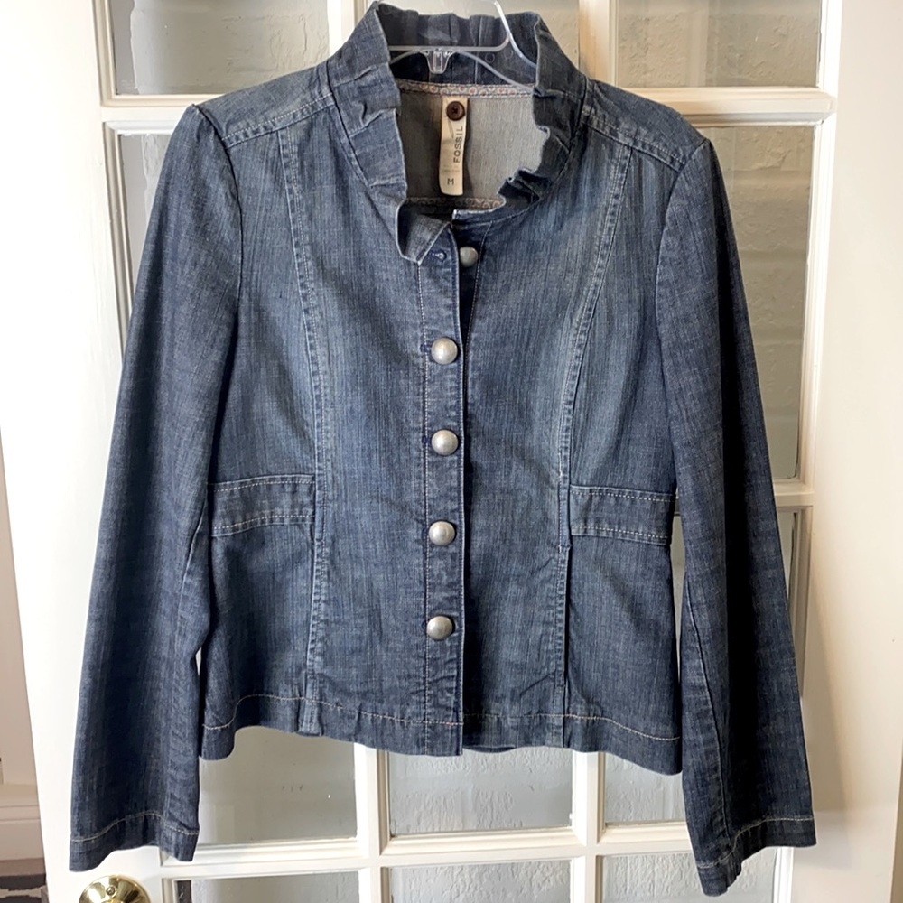 Fossil Vintage Designer Style Denim Jacket with Fringe High Collar Size Medium